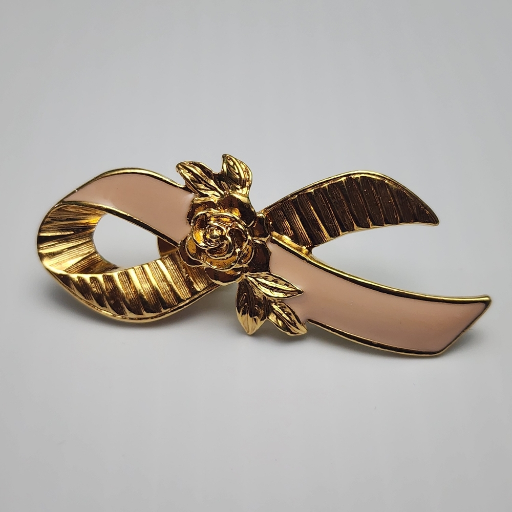 Elegant Gold & Pink Ribbon Brooch Avon Vintage Lapel Pin Tie Tack Breast Cancer